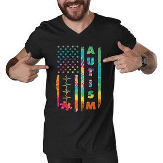 Autism Tie Dye Us Flag Colorful Men V-Neck Tshirt - Monsterry