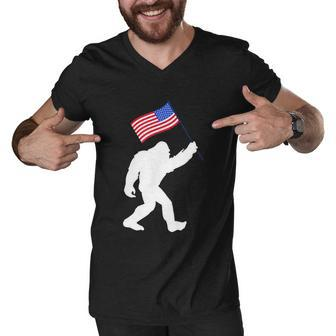 Bigfoot With American Flag Funny 4Th Of July Meaningful Gift Men V-Neck Tshirt - Monsterry UK