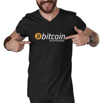 Bitcoin Accepted Here Cryptocurrency Logo Men V-Neck Tshirt - Monsterry