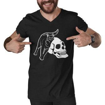 Black Cat And Human Skeleton Skull Punk Goth And Halloween Men V-Neck Tshirt - Seseable
