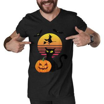 Black Cat Bat Witch And Pumpkin At Sunset On Halloween Men V-Neck Tshirt - Seseable