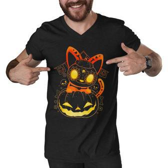 Black Cat Face Halloween Costume Men V-Neck Tshirt - Seseable