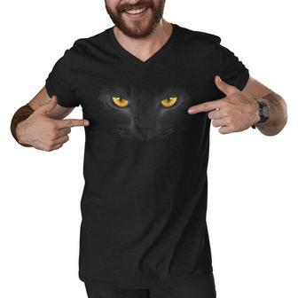 Black Cat Face Yellow Eyes Funny Cat Halloween Costume Gifts Men V-Neck Tshirt - Thegiftio UK