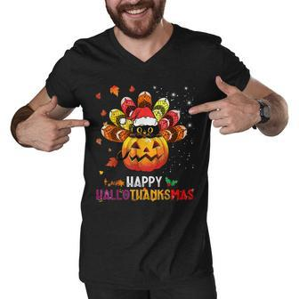 Black Cat Halloween And Merry Christmas Happy Hallothanksmas Men V-Neck Tshirt - Seseable