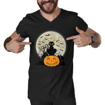 Black Cat Pumpkin Halloween Scary Spooky Season Cat Lover Men V-Neck Tshirt - Thegiftio UK