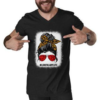 Bleached Lunch Lady Messy Bun Hair Leopard Print Sunglasses Cool Gift Men V-Neck Tshirt - Monsterry