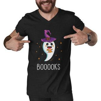 Booooks Ghost Boo Witch Hat Halloween Quote Men V-Neck Tshirt - Monsterry