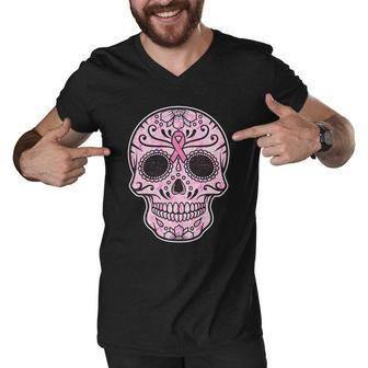 Breast Cancer Sugar Skull Day Of The Dead Dia De Los Muertos Men V-Neck Tshirt - Monsterry UK