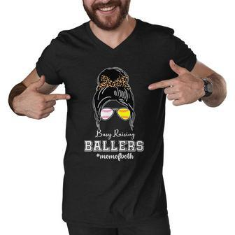 Busy Raising Ballers Mom Of Both Baseball Softball Messy Bun Sticker Features De Men V-Neck Tshirt - Monsterry UK