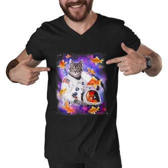 Cat Astronaut In Cosmic Space Funny Shirts For Weird People Men V-Neck Tshirt - Monsterry