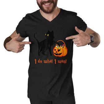 Cat I Do What I Want Halloween Candy Pumpkin Bag Black Cat Men V-Neck Tshirt - Seseable