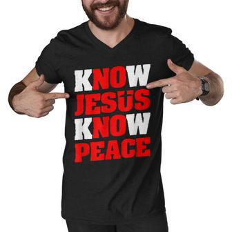 Christian Jesus Bible Verse Scripture Know Jesus Know Peace V2 Men V-Neck Tshirt - Seseable