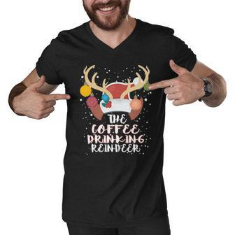 Coffee Drinking Reindeer Group Matching Family Costume Xmas Men V-Neck Tshirt - Thegiftio UK