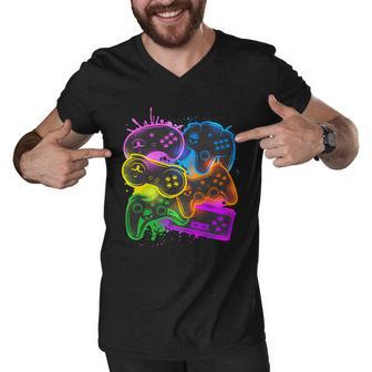 Cool Retro Neon Graffiti Video Game Controllers Men V-Neck Tshirt - Monsterry DE