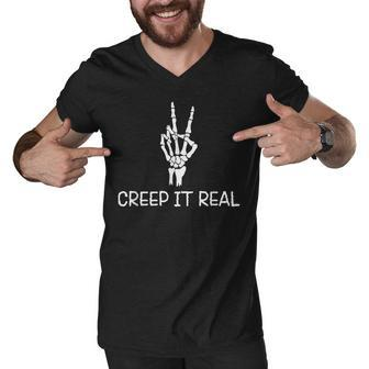Creep It Real Peace Sign Skeleton Hand Funny Bones Halloween Men V-Neck Tshirt - Seseable