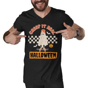 Creep It Real Retro Halloween Funny Ghost Skateboarding Men V-Neck Tshirt - Seseable