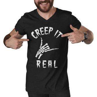 Creep It Real Skeleton Hand Shaka Funny Spooky Halloween Men V-Neck Tshirt - Seseable