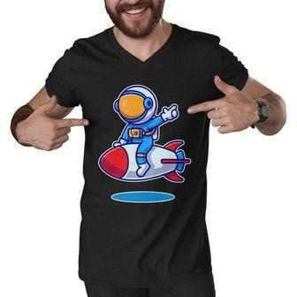 Cute Astronaut On Rocket Cartoon Men V-Neck Tshirt - Monsterry DE