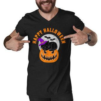 Cute Black Cat Witch Scary Pumpkin Happy Halloween Men V-Neck Tshirt - Seseable