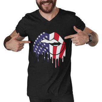 Cute Dripping Lips 4Th Of July Usa Flag Graphic Plus Size Men V-Neck Tshirt - Monsterry CA