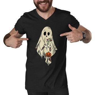 Cute Halloween Spooky Season Groovy Vintage Floral Ghost Men V-Neck Tshirt - Thegiftio UK