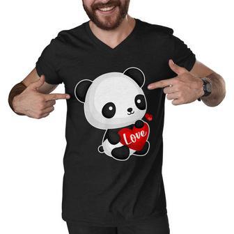 Cute Panda Holding A Heart Men V-Neck Tshirt - Monsterry