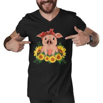 Cute Pig Bandana Sunflower Funny Farm Animal Lover Men V-Neck Tshirt - Thegiftio UK
