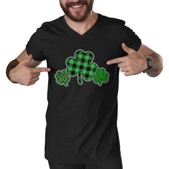 Cute St Patricks Day Plaid Leopard Print Shamrocks Clovers Men V-Neck Tshirt - Monsterry AU