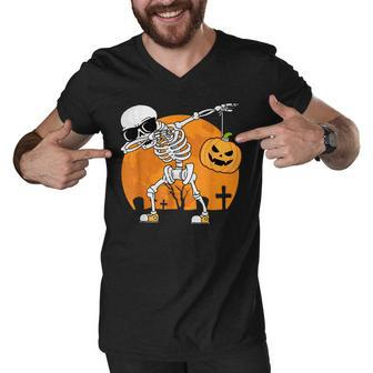Dabbing Skeleton Funny Halloween Pumpkin Skeleton Men V-Neck Tshirt - Seseable