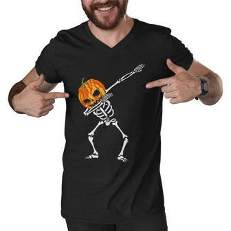 Dabbing Skeleton Pumpkin Head - Halloween Dancing Skeleton Men V-Neck Tshirt - Seseable