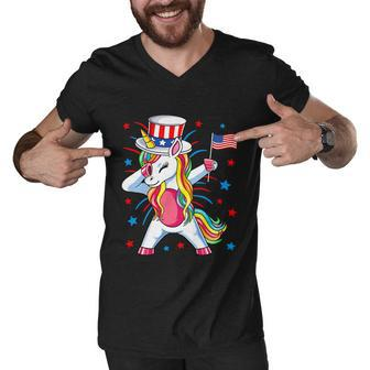 Dabbing Unicorn 4Th Of July Uncle Sam Girls American Flag Men V-Neck Tshirt - Monsterry