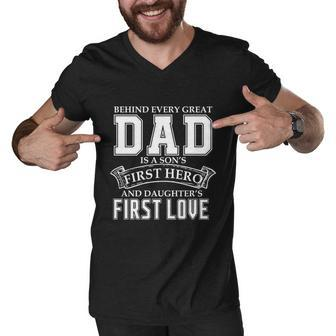 Dad A Sons Hero A Daughters First Love Fathers Day Cool Gift Men V-Neck Tshirt - Monsterry