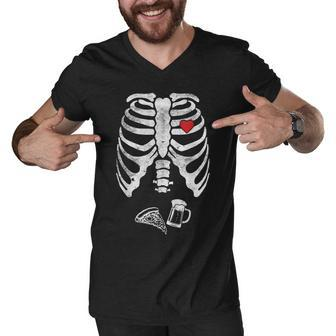 Dad Skeleton Halloween Beer Pizza Funny Pregnancy Couple Men Men V-Neck Tshirt - Thegiftio UK