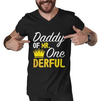 Daddy Of Mr Onederful First Birthday Fathers Day Father Gift Graphic Design Printed Casual Daily Basic Men V-Neck Tshirt - Thegiftio UK