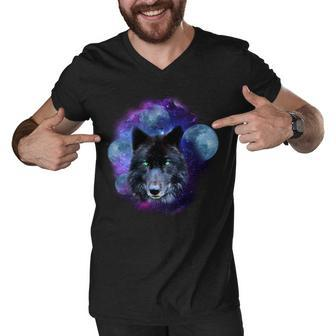 Dark Moon Wolf Galaxy Men V-Neck Tshirt - Monsterry