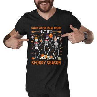 Dead In Side But Its Spooky Season Dancing Skeleton Halloween Men V-Neck Tshirt - Seseable