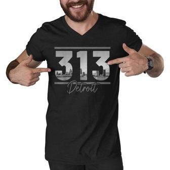 Detroit 313 Area Code Skyline Michigan Vintage Men V-Neck Tshirt - Thegiftio UK