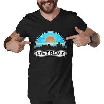Detroit Skyline Downtown Detroit Motor City Graphic Design Printed Casual Daily Basic Men V-Neck Tshirt - Thegiftio UK