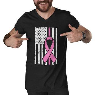 Distressed Breast Cancer Ribbon Flag Tshirt Men V-Neck Tshirt - Monsterry AU