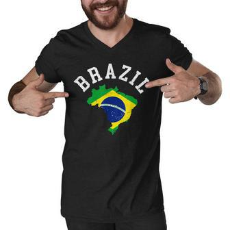 Distressed Retro Brazil Flag Map Patriotic Men V-Neck Tshirt - Thegiftio UK