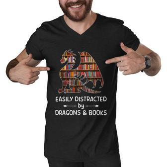 Easily Distracted By Dragon And Books Nerds Tshirt Men V-Neck Tshirt - Monsterry AU