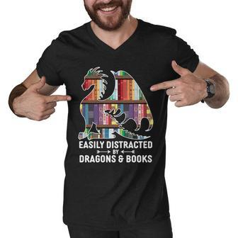 Easily Distracted By Dragons And Books Fantasy Book Lover Men V-Neck Tshirt - Monsterry