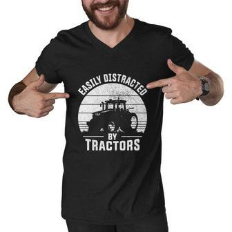 Easily Distracted By Tractors Farmer Tractor Funny Farming Tshirt Men V-Neck Tshirt - Monsterry DE