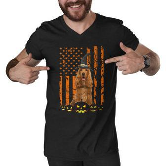 English Cocker Spaniel Dog Pumpkin American Flag Halloween Men V-Neck Tshirt - Thegiftio UK