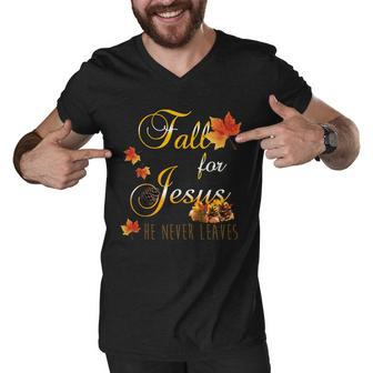 Fall For Jesus He Never Leaves Christian Autumn Season Men V-Neck Tshirt - Monsterry