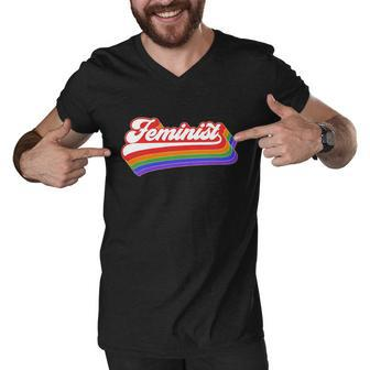 Feminist Retro 70S Feminism Funny Gift Vintage Rainbow Men V-Neck Tshirt - Monsterry
