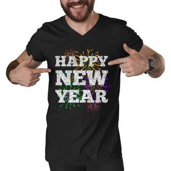 Festive Happy New Year Fireworks Graphic Design Printed Casual Daily Basic Men V-Neck Tshirt - Thegiftio UK