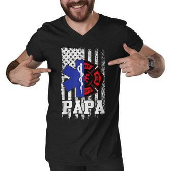 Firefighter Proud Papa Fathers Day Firefighter American Fireman Father Men V-Neck Tshirt - Seseable