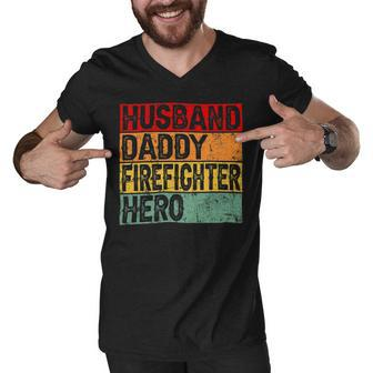 Firefighter Retro Vintage Husband Daddy Firefighter Fathers Day Dad Men V-Neck Tshirt - Seseable