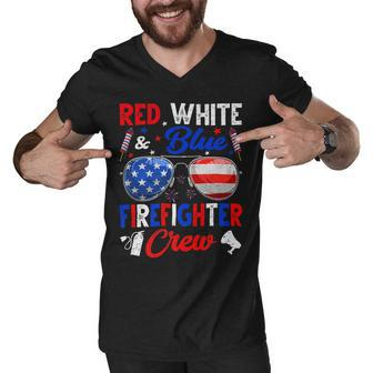 Firefighter Vintage Red White Blue Firefighter American Flag Men V-Neck Tshirt - Seseable